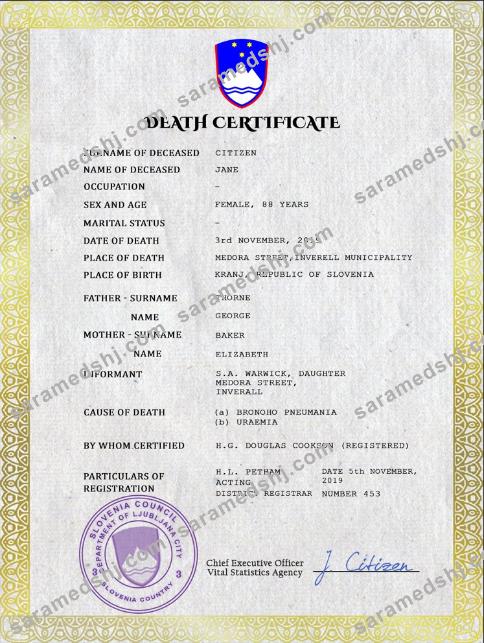 Slovenia death certificate PSD template